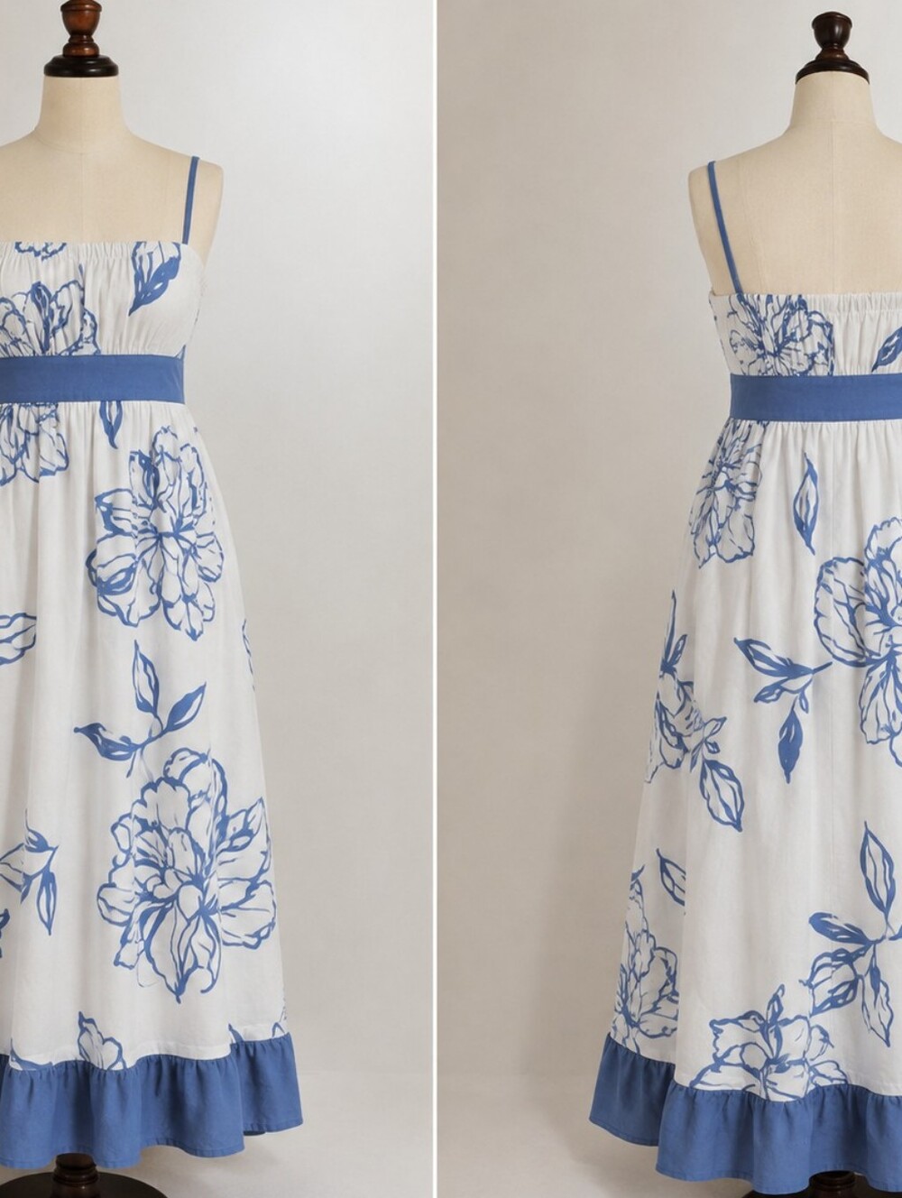 White & Blue Floral Maxi Sundress with Spaghetti Straps